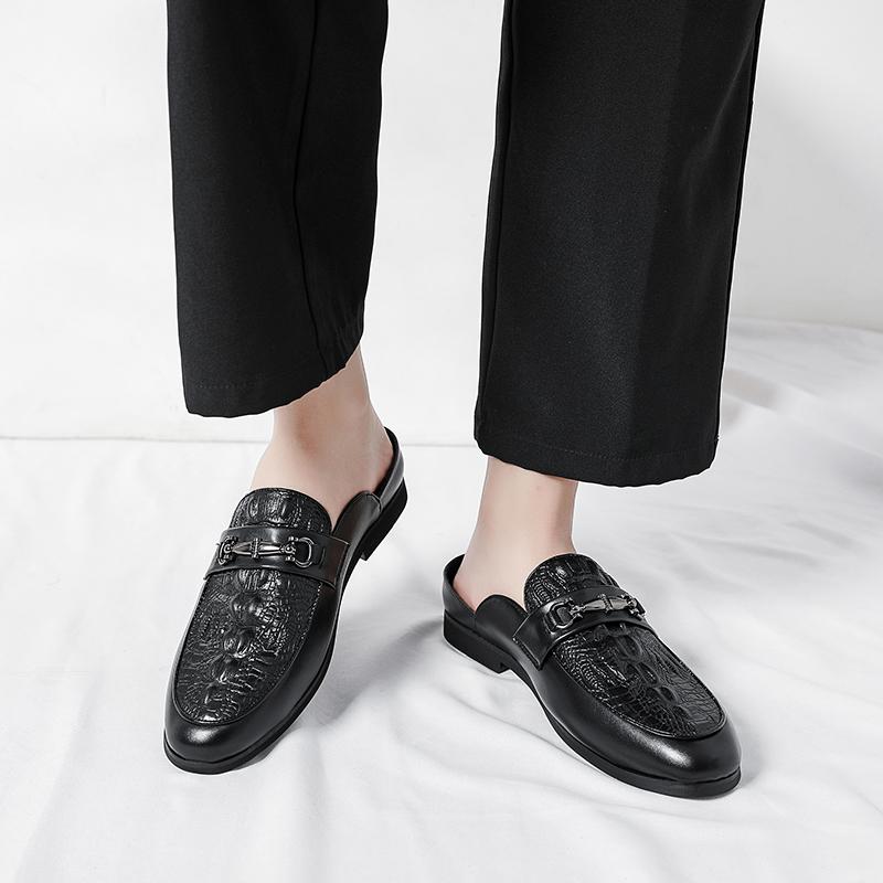 Mules Shoes Men PU Embossed Metal Buckle Decoration Low Heel Daily Men Casual Half Headed Sandals Large 38-48