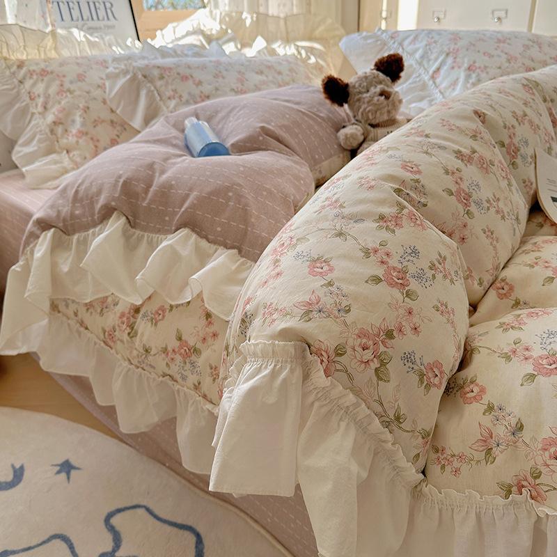 French Lace Bed Four-piece Set Pure Cotton Skin-friendly Comfortable Breathable Washed Bed Sheet Quilt Cover Pillowcase