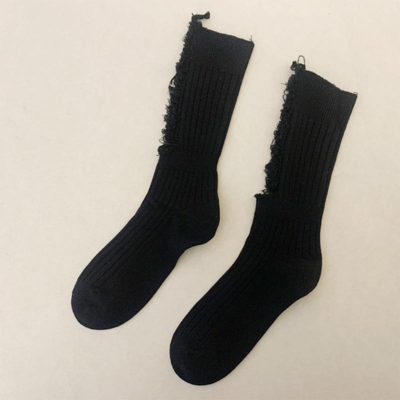 Women Gothic Ripped Holes Crew Socks Ribbed Knitted Harajuku Punk Hip Hop Skateboard Middle Tube Hosiery Streetwear