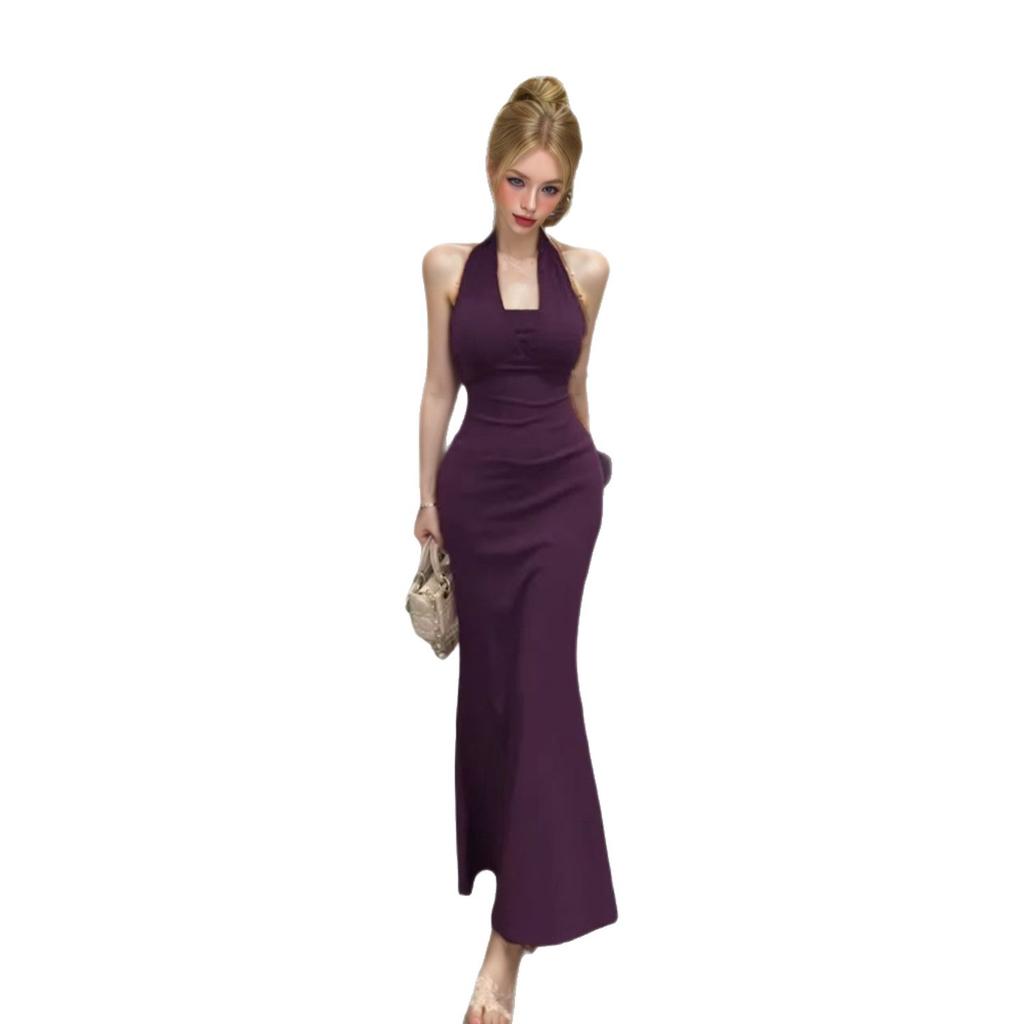 Celebrity chain neck strap evening dress suspender skirt women's summer pure desire sexy backless waist dress