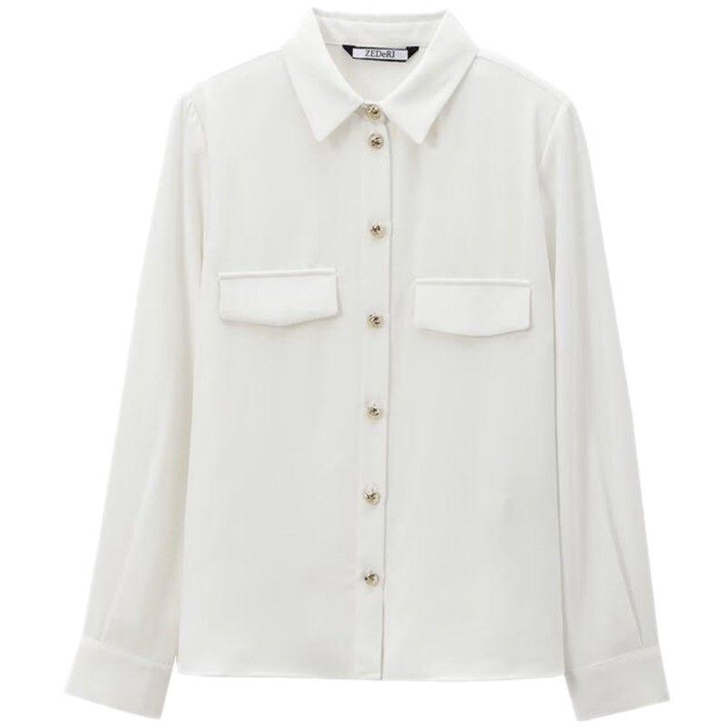 Fashion Style 2024 Fall and Winter New Women's Clothing Easiest for Match Padded Shoulder Decorative Crepe Long Sleeves Lapel Shirt 9258572