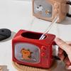 Retro Cat TV Ceramic Mug with Lid & Straw 450ml Cute Coffee Cup Leak-Proof Heat Resistant TV Shape Milk Beer Mugs Novelty Gift Home Decor