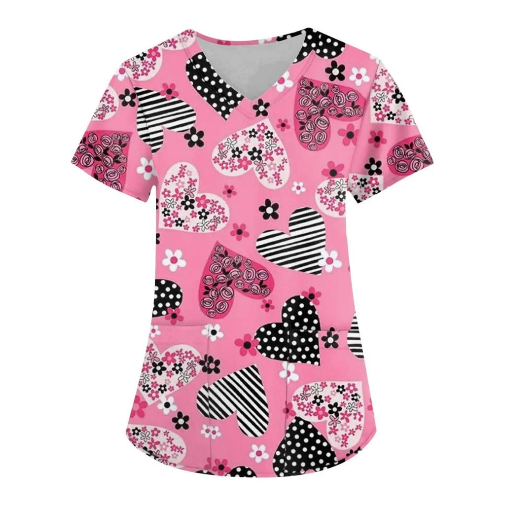 Women's Nursing Uniform with Romantic Heart Pattern Print Women's Short Sleeved Uniform Fashionable Casual and Comfortable