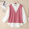 ZANZEA Women Turn Down Collar Long Sleeve Patchwork Casual Blouse