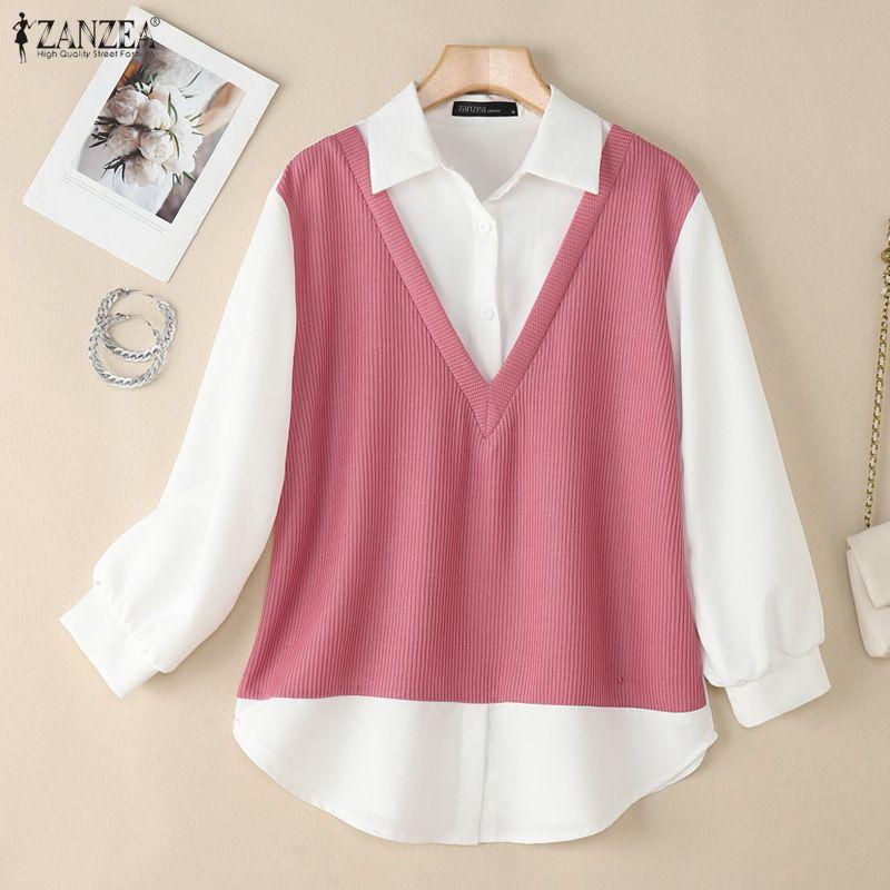 ZANZEA Women Turn Down Collar Long Sleeve Patchwork Casual Blouse