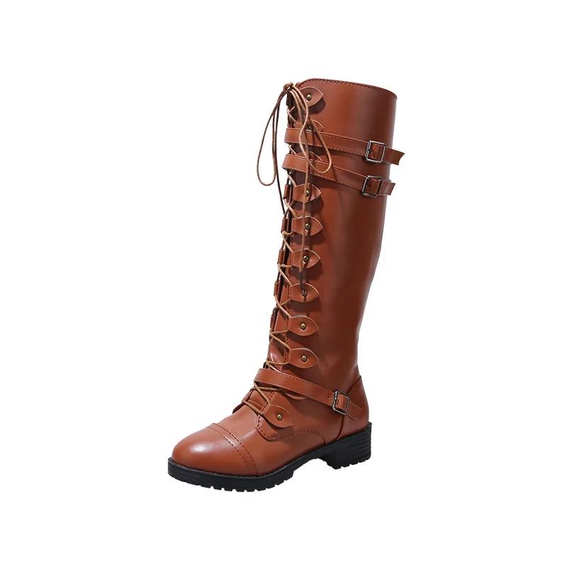 Fashion Women Knee High Boots Autumn Winter Lace Up Flat Shoes Sexy Steampunk PU Retro Buckle Women Shoes Ladies Snow Boots Yui8