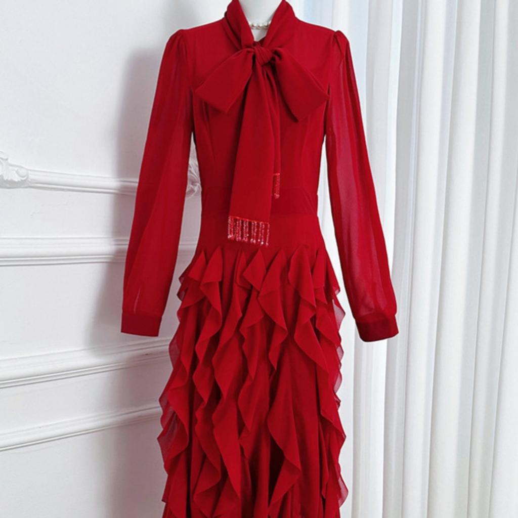 Women's Bow Tie Neck Long Sleeve Maxi Dress Slim Fit High Waist Elegant Ruffle A Line Dress