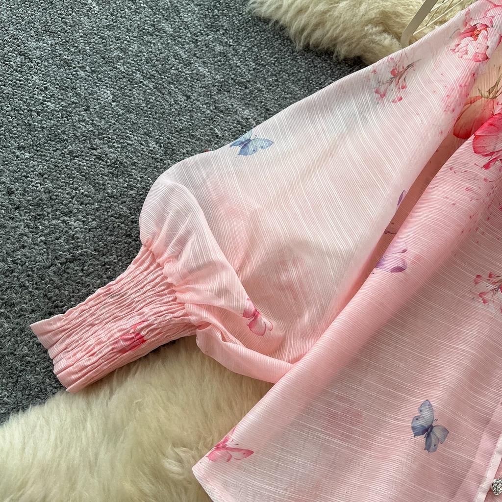 Summer Holiday Organza Gorgeous Flower 2 Piece Set Women Long Lantern Sleeve Shirt Blouse and Elastic Waist A Line Skirt Suit