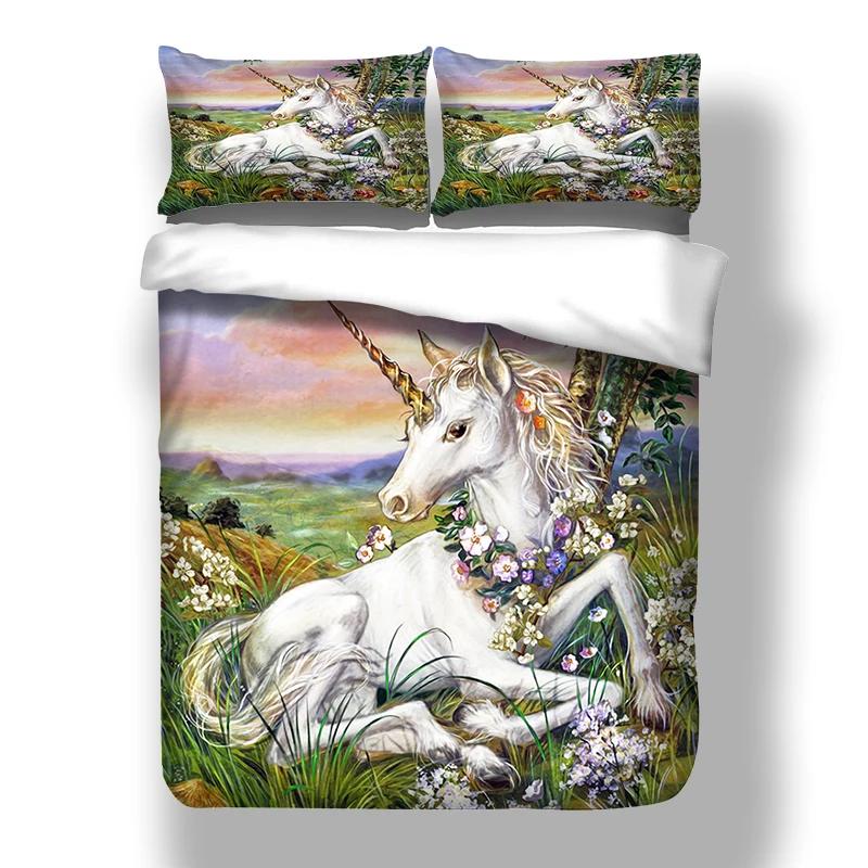 Green Pastoral Comforter Set Quilt Cover Pillowcases Bedclothes Unicorn Bedding Set Kids Full Duvet Cover Set 2/3 Pcs Pink White