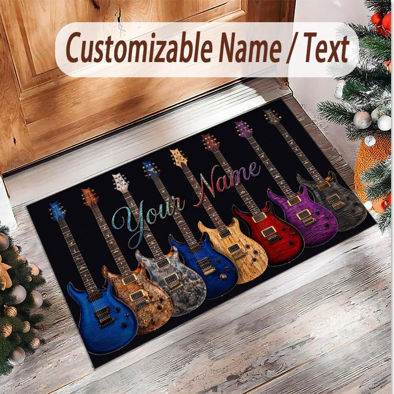 Music Guitar Theme Soft Crystal Velvet Rug Custom Name & Text Print Non Slip Floor Rug for Bedroom Living Room