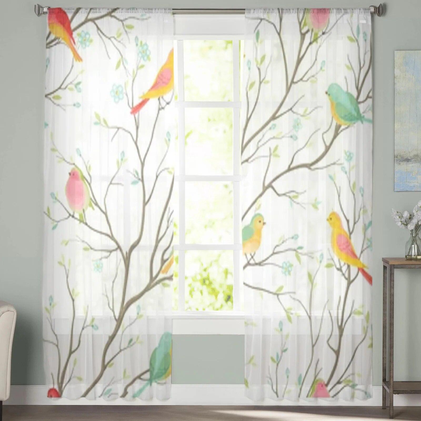 

Прозрачные шторы с цветными птицами, вуаль для спальни, прозрачные шторы для окон, кухни, тюлевые шторы