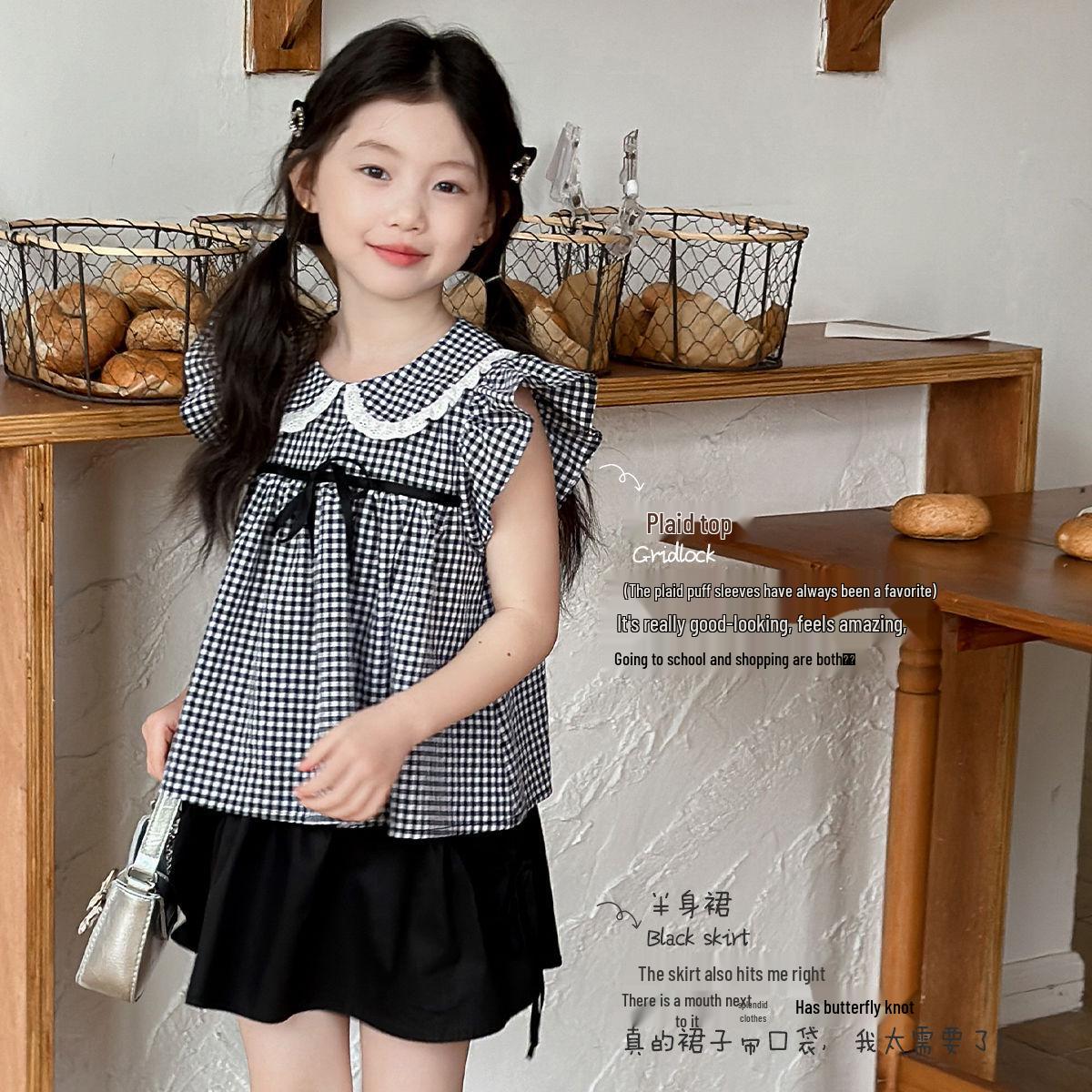 

Летний стиль для девочек, корейская мода, комплект из двух вещей: Детская короткая юбка и топ 120