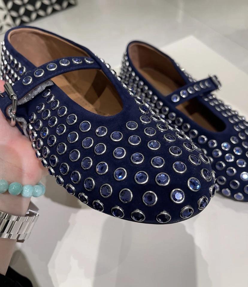 Migua Suede Crystal Mary Jane Flats with Rivets