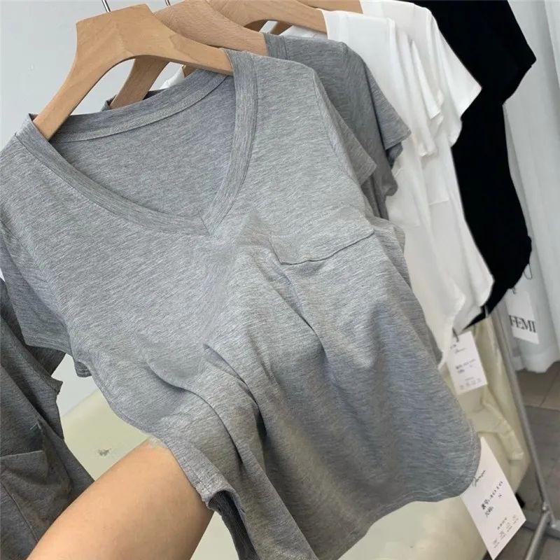 Summer Modal Cotton Draped Collarbone T-shirt Women Loose Korean-style Mid-Length Base Shirt Short Sleeve Casual V-neck Top