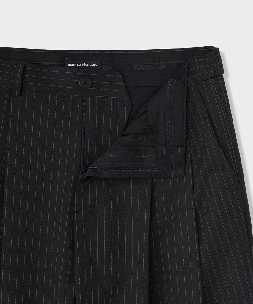 MUSINSA STANDARD Striped Extra Wide Two-Puck Hidden Elastic Waist Slacks [Charcoal Gray]