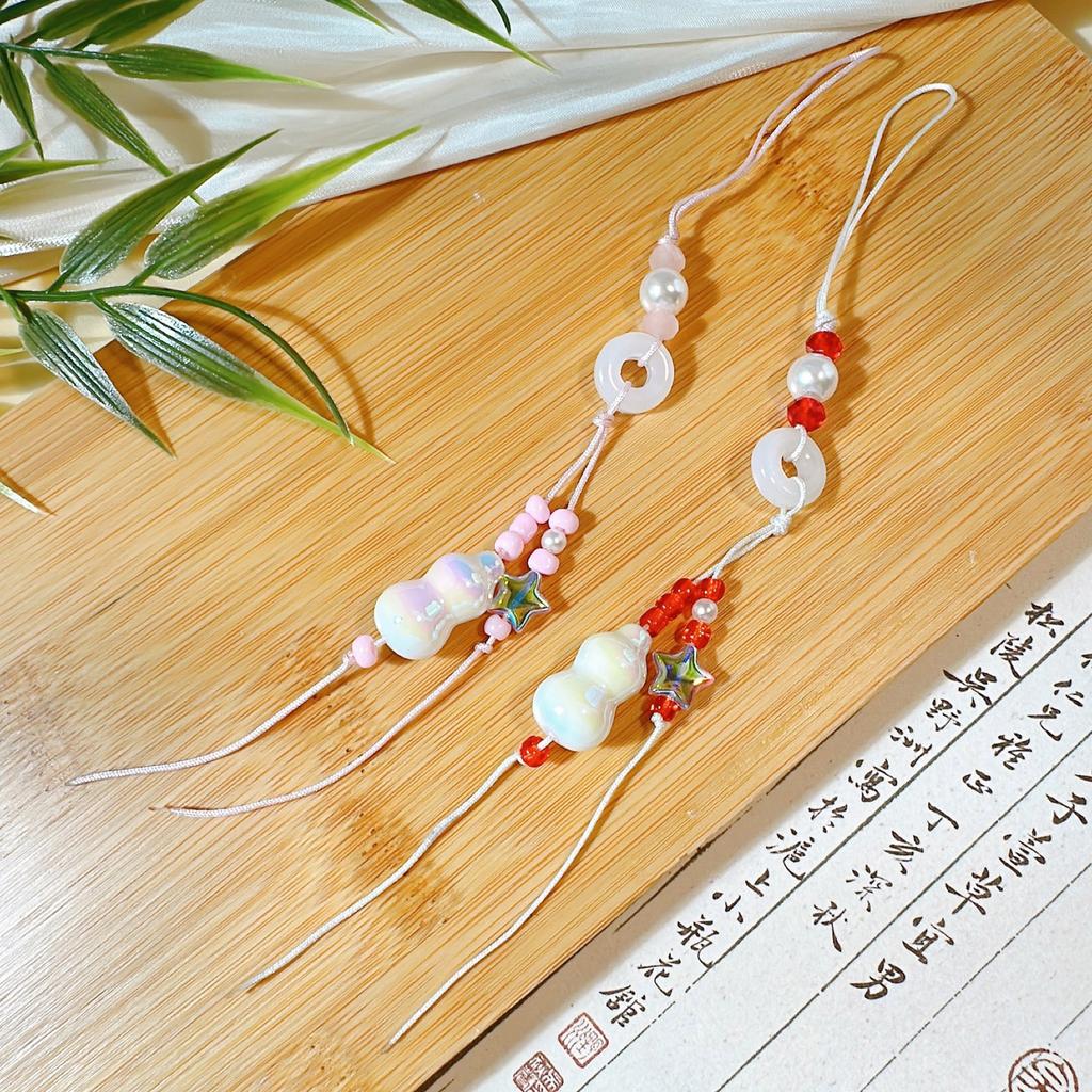 Handmade Lucky Gourd Charm Acrylic Bead Keychain for Phone Comfortable Braided Cord Key Chain Women Bag Decorations