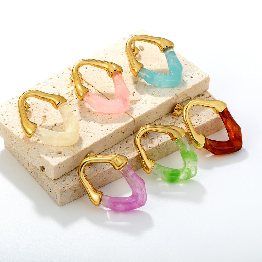Light luxury design colored resin stud earrings Maillard style irregular hollow V-shaped earrings stainless steel gold-plated earrings