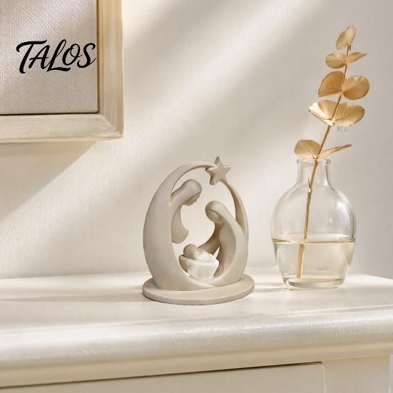 Small Desktop Art 3D Printed Holy Family Ornament, Abstract Crescent Sculpture with Statue Star, Religious Decoration for Christmas Fireplace