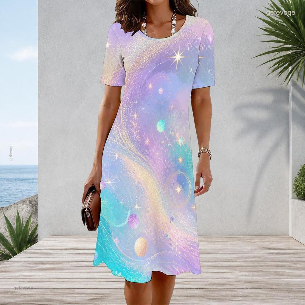 Women Plus Size Round Neck Short Sleeve Grey White Printed A Line Dress
