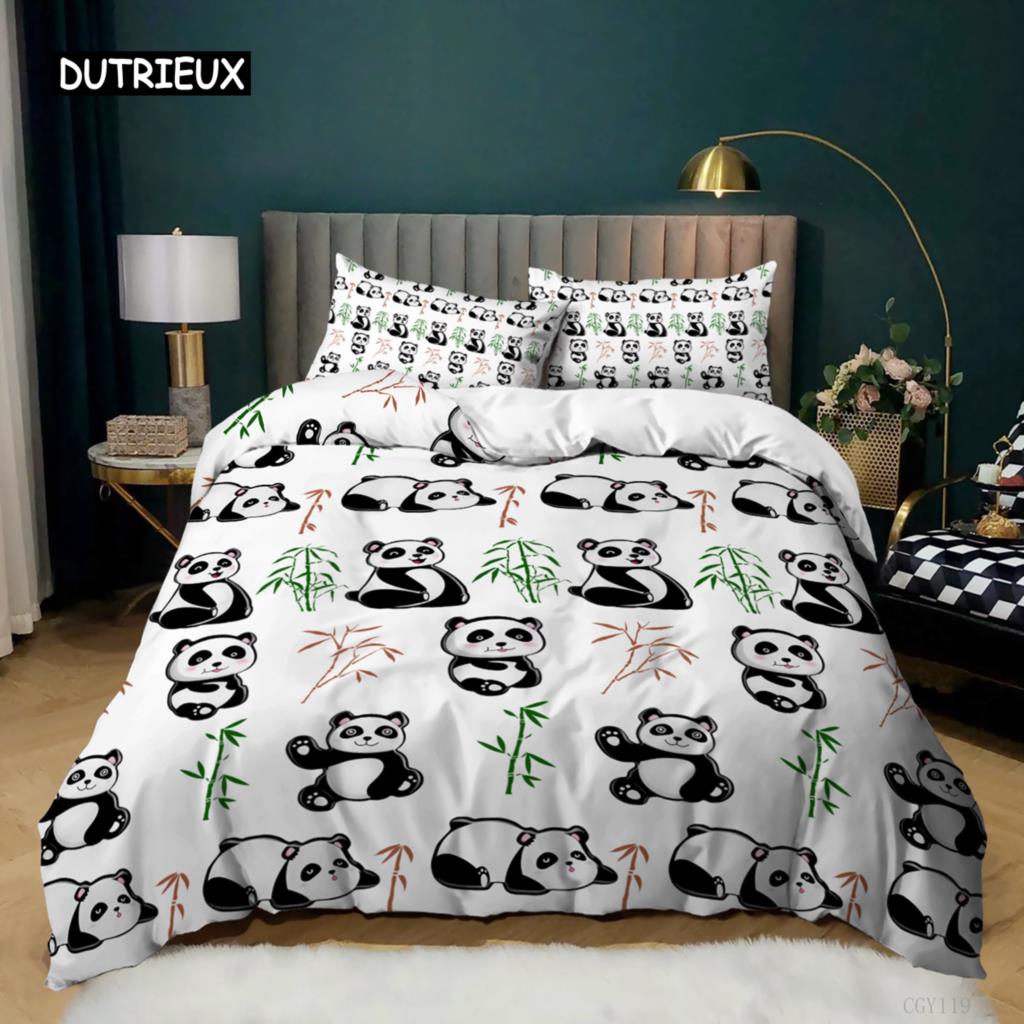 Panda Duvet Cover Cartoon Panda Printed Bedding Set For Kids Boys Girls Microfiber Cute Animal Comforter Cover 2/3Pcs Full Size