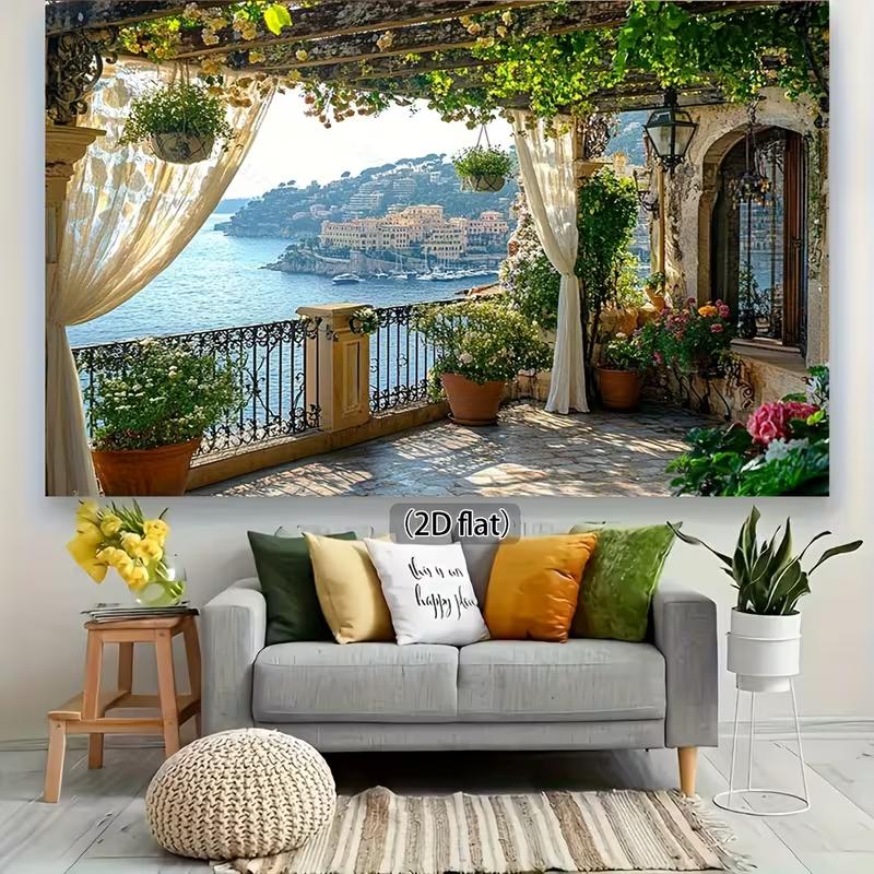 2D Coastal Town Banner, Sea View Balcony Backdrop for Decor & Studio