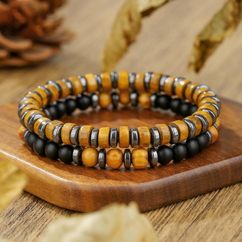 Best-selling Multi-layer Wood Bead Bracelets Sets Men's Retro Style Multi-layer Elastic Thread Adjustable Wooden Bracelet