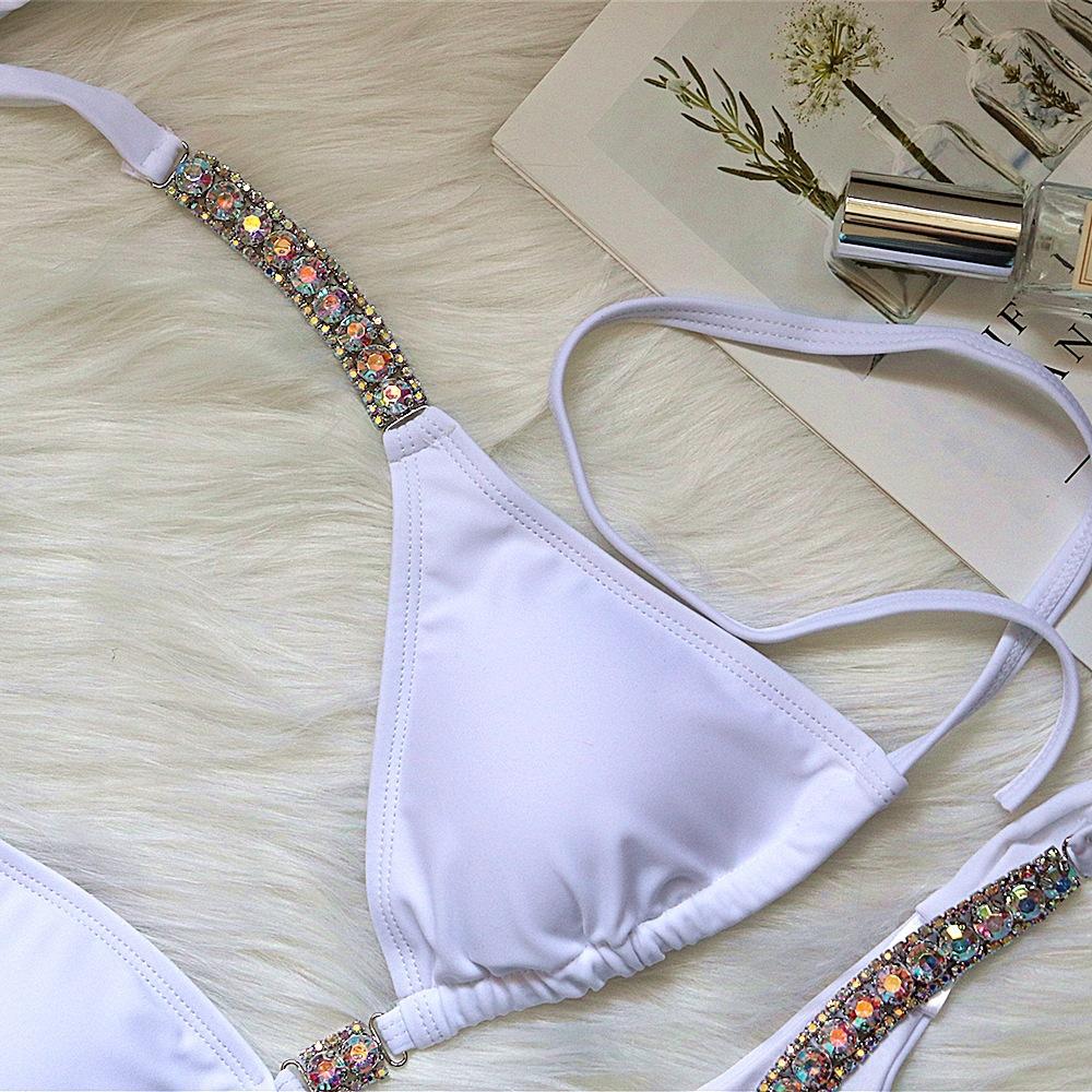 Solid Color Sexy Strap Swimsuit Luxury Rhinestone Swimsuit Bikini