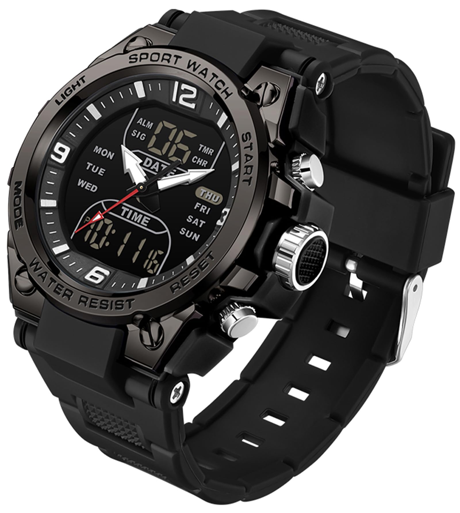 

Цифровые военные часы с 3 часовыми поясами, будильником, временем, водонепроницаемостью 5 АТМ, люминесцентной светодиодной подсветкой, днем и датой. Идеально подходят для повседневной носки и бега на открытом воздухе. Мужской дисплей, чёрный