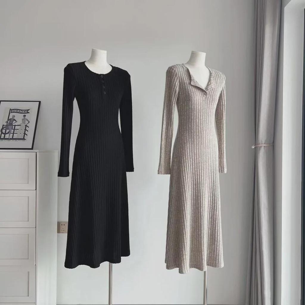 Women's French Spring Knitted Long-Sleeve Slim Dress with Plus Velvet for Autumn and Winter