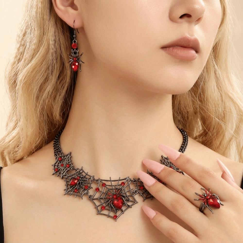 3pcs with Inlaid Glass Halloween Pendant Earrings Gothic Style Punk Hollow Necklace Gift
