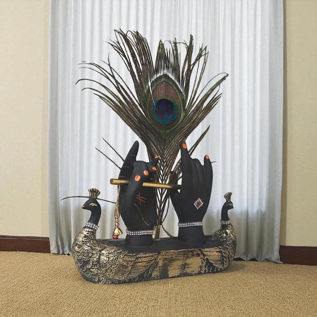 Krishna Hand with Flute & Peacock Feather Idol for Home Decor Gift, Office & Living Room, Peacock