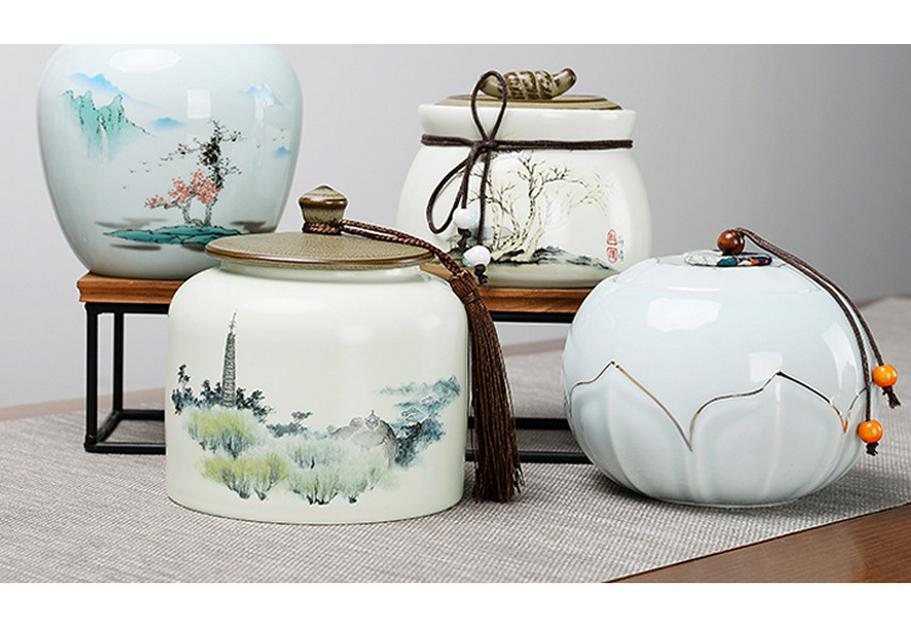 Large Ceramic Tea Storage Canister for Red, Green, Longjing, Biluochun, and Pu'er Tea - Half Jin Capacity