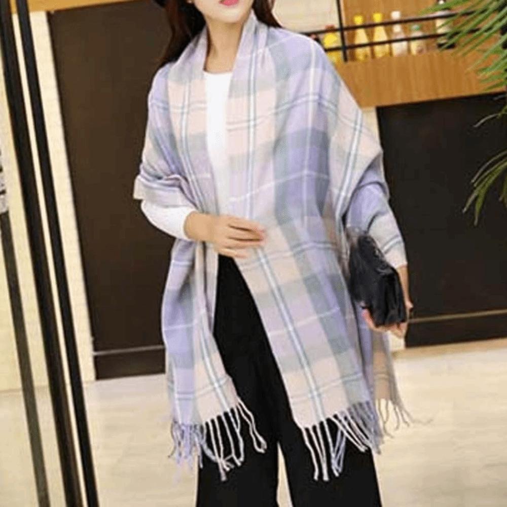 Soft Classic Plaid Scarf Cold-proof Long Neckscarf with Tassel Large Knitted Wool Shawl Winter