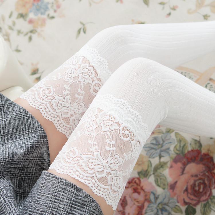 Japanese Lace Trim Vertical Stripe Over-the-Knee Anti-Slip Socks