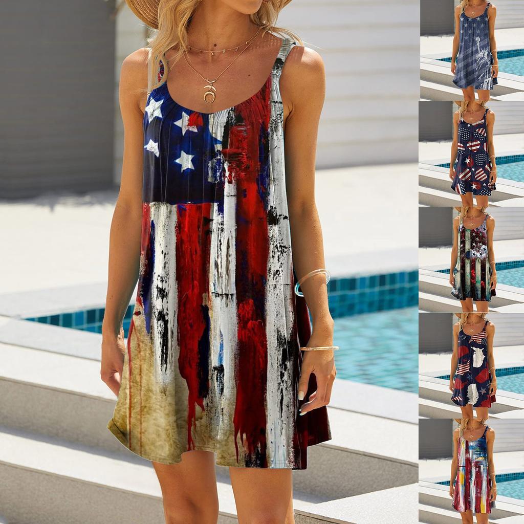Women's Fashion Summer Beach Casual Print Sleeveless Cute Mini Sling Dress