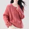 Women's 5% Cashmere, 95% Wool Ribbed Sweater - Thick, Brushed, Long Sleeve, Versatile Round Neck for Autumn and Winter.