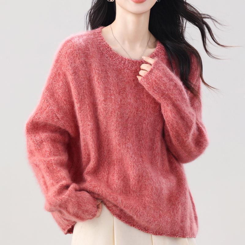Women's 5% Cashmere, 95% Wool Ribbed Sweater - Thick, Brushed, Long Sleeve, Versatile Round Neck for Autumn and Winter.