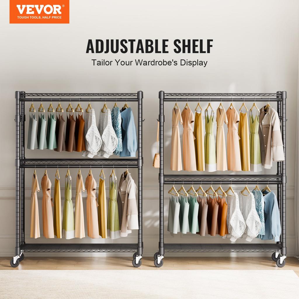 VEVOR Heavy Duty Clothes Rack, Rolling Clothing Garment Rack with 3 Storage Tiers, 2 Rods and 2 Pairs Side Hooks