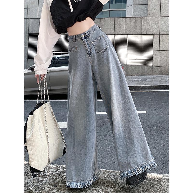 2025 Plus Size American Retro High Waist Wide Leg Jeans for Women - Autumn Loose Fit, Raw Edge, Straight, Floor Length.