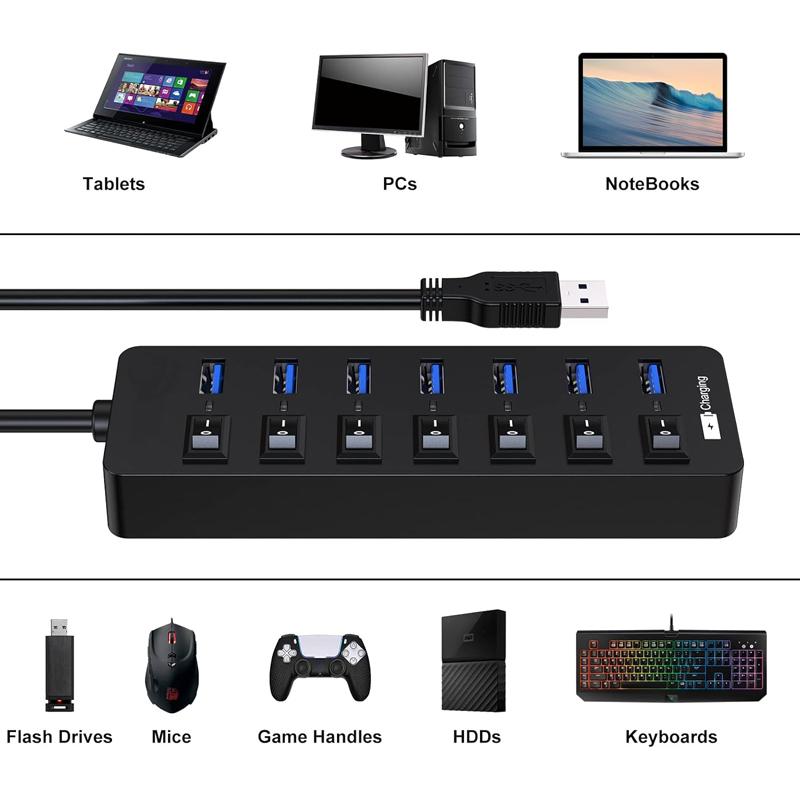 Support Data Transfer and Fast Charging On/Off Switch 8-Port USB 3.0 5Gbps Hub with for 2.1 for PC and Laptop in Stock