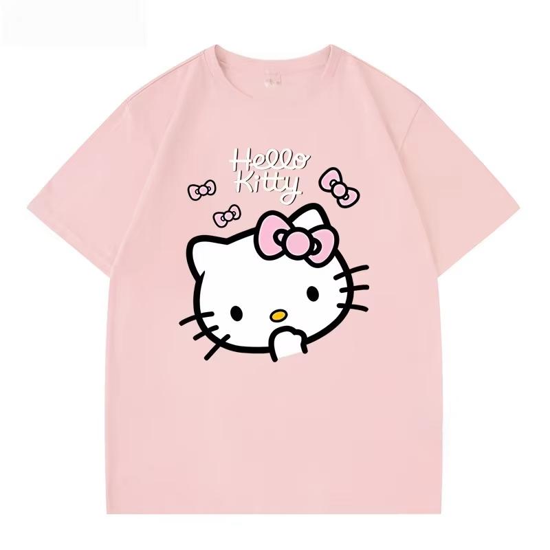 2026 Summer HelloKitty Cartoon Graphic Tee Casual Short Sleeve Cotton Tops for Adults Kids Lovely Kawaii Streetwear Style
