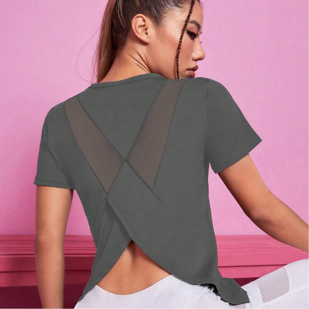 Damen Schnelltrocknendes Atmungsaktives Mesh Yoga Top - Lockere Passform, Schönes Rückendesign, Kurzarm Fitness-Überwurf Medium