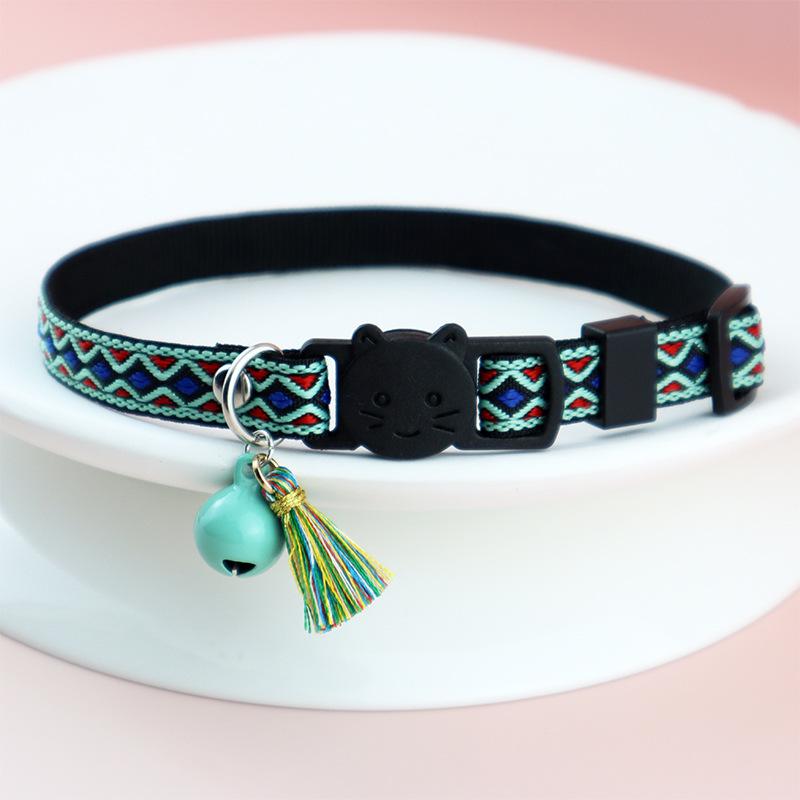 Pet Cat Collar Bell Tassel Colorful Rhombus Ethnic Style Pet Collar Adjustable Cat Collars for Kitten and Puppy Pet Accessories