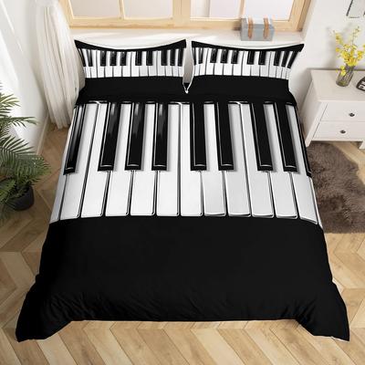 Funda Nórdica Teclas de Piano Musicales King Queen Juego de Ropa de Cama de Piano Funda de Colcha de Instrumento Musical Moderno Funda de Edredón Blanco y Negro