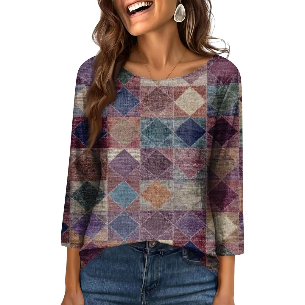 Women's Fashionable Casual Round Neck  3/4 Sleeve  Printed T-Shirt Top