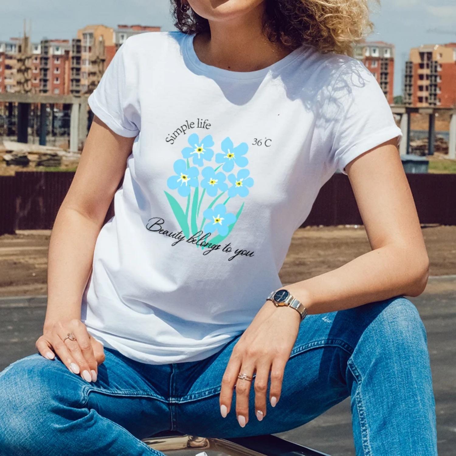 

Summer Womens Short Sleeve CottonT Shirt Blue Flower Inspiring Print for Outdoor Summer Moments Young Women with a Relaxed Style XXXXXL білий