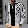 Men Plus Size Long Sleeve Collared Quarter Zip Polo Shirt Blue Geometric Printed