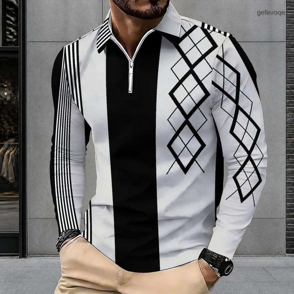 Men Plus Size Long Sleeve Collared Quarter Zip Polo Shirt Blue Geometric Printed