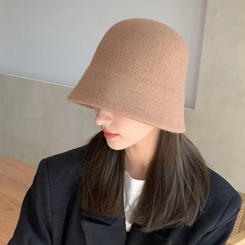 Solid Color Wool Fisherman Hat Warm Basin Hat Sweet Warm Bucket Hat  Girl