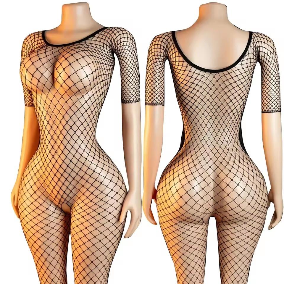 Women Fishnet Leopard Print Sexy Lingerie Bodysuit Open Crotch Bodystocking For Adult See Through Nightwear